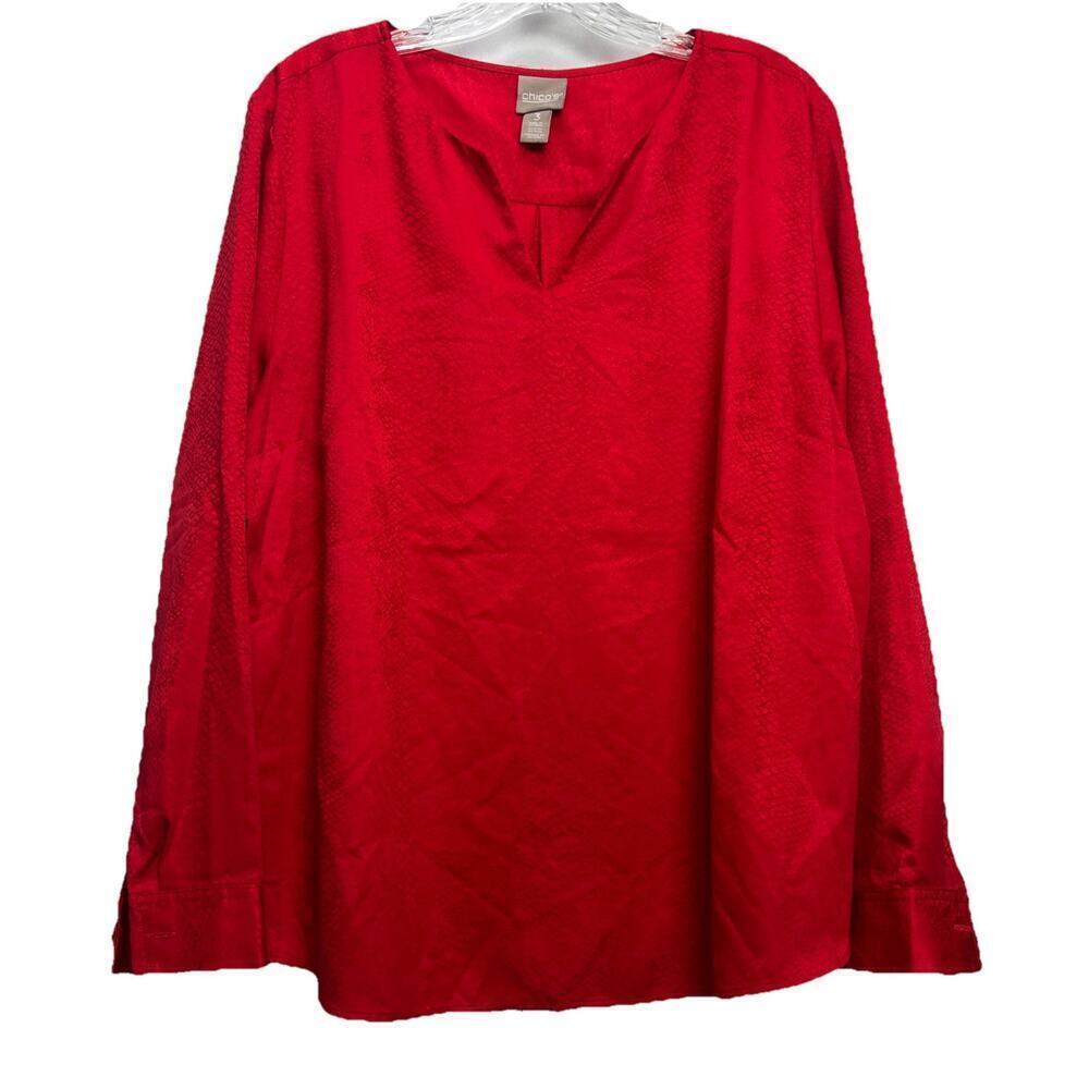 Chicos Red Animal Print Long Sleeve V Neck Blouse Womens 3